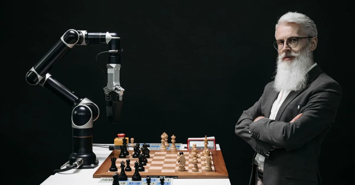 A person engaged in a strategic chess game against a robotic arm, highlighting the contrast between AI agents and traditional technology