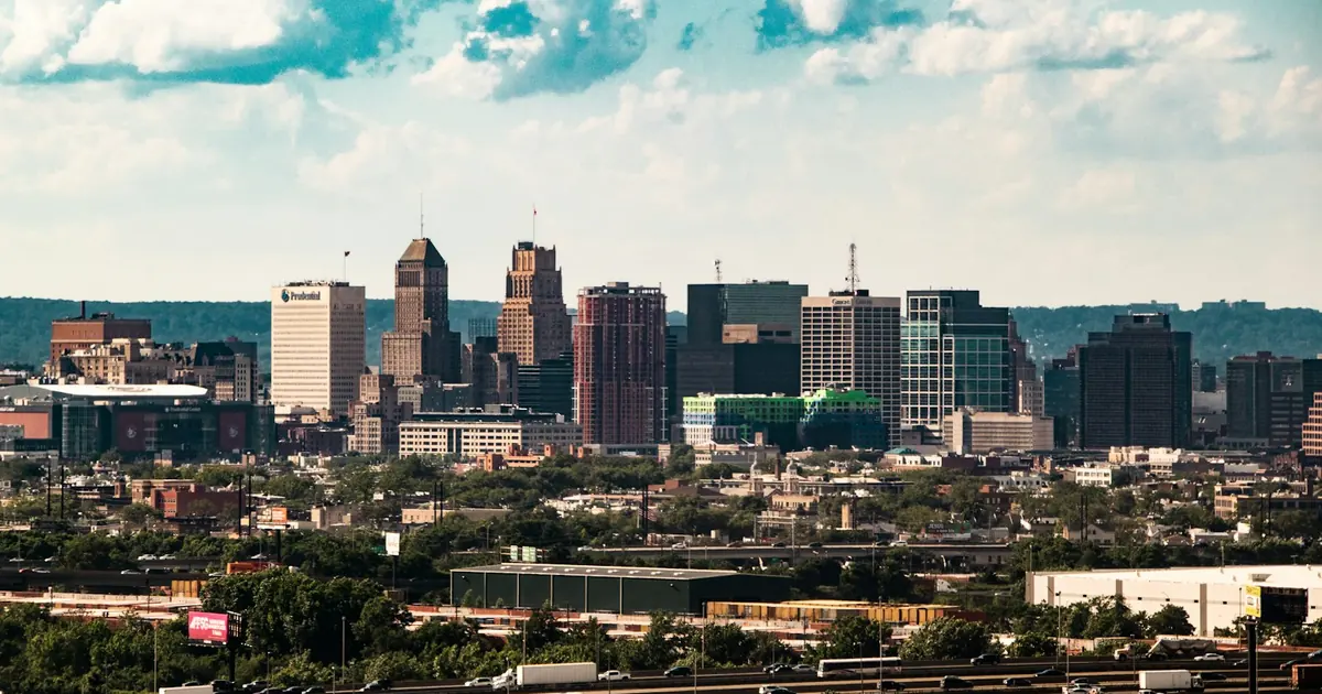 The downtown Newark, New Jersey skyline seen from the west